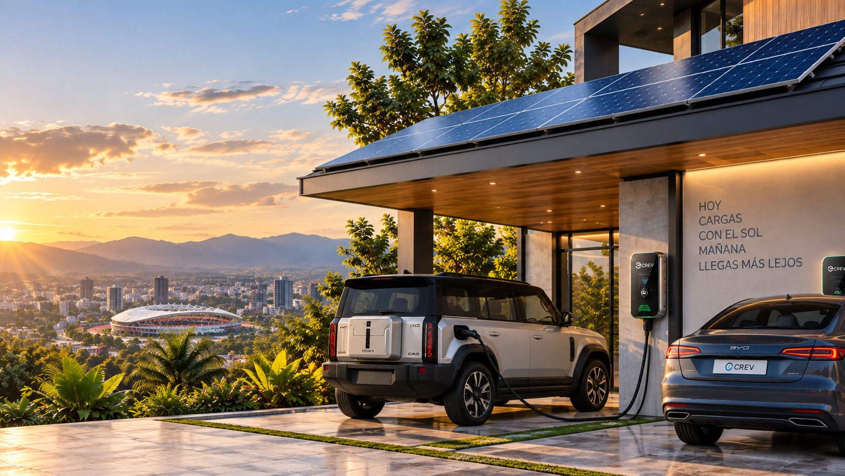 Casa equipada con paneles solares y vehículos eléctricos cargando